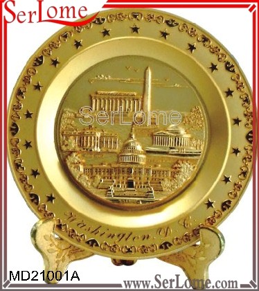 MD21001A Golt Plated Metal Souvenir Plate With Stand